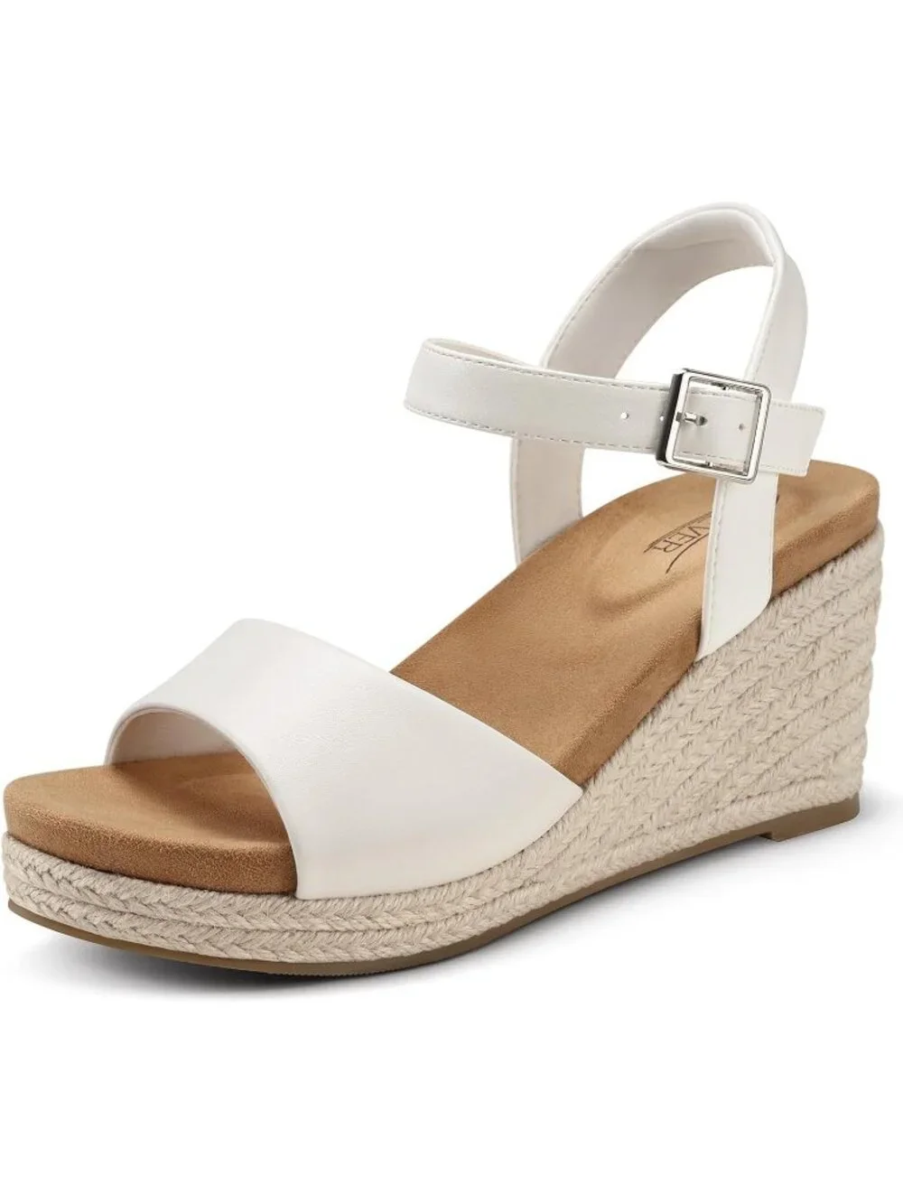 Women's White Cotton Comfortable Adjustable Ankle Strap with Buckle Heel Sandals